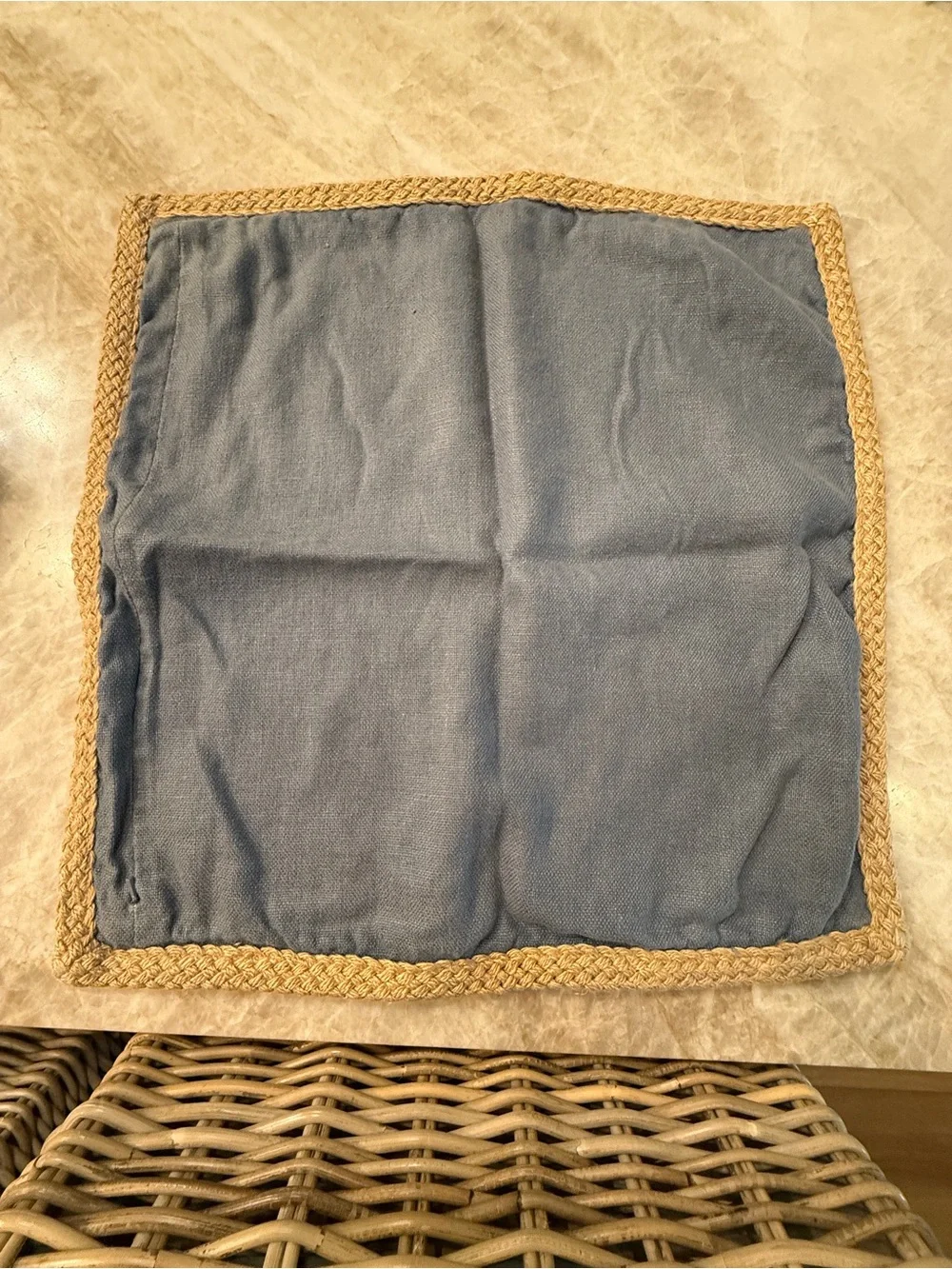 3 Pottery Barn 22x22 Blue Linen Pillow Covers with Burlap and braided Trim
